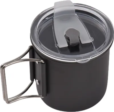 Zdjęcie produktu dla Kempingowy kubek na wodę 300 ml wykonany z twardego anodyzowanego aluminium ze składanym uchwytem i pokrywką do biwakowania i wędrówek na świeżym powietrzu