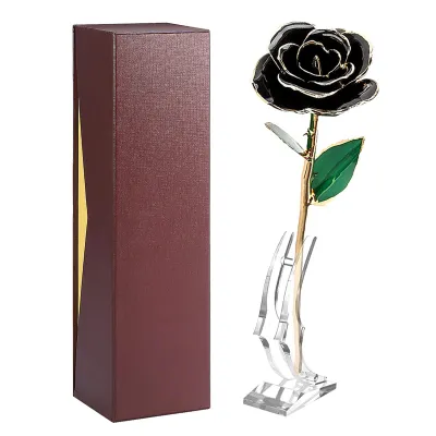Productafbeelding van Echte 24-karaats gouden roos, 28-30 cm lang met standaard, rood-zwart, in cadeauverpakking, voor eeuwige liefde