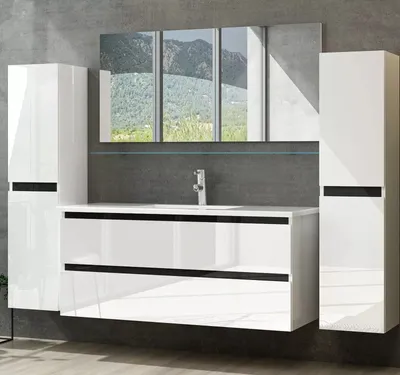 Produktbild von Badmöbel Set 120 cm Weiß Badezimmermöbel Hochschrank Waschtisch Spiegel 6Teilig