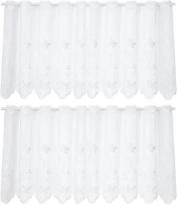 Image de 2 rideaux de cuisine blancs, 130 x 45 cm, rideaux de cuisine courts et modernes avec un œillet de 2,5 cm, rideau de fenêtre semi-transparent