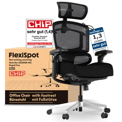 Image de FLEXISPOT ErgoX Pro : Fauteuil de bureau ergonomique avec repose-pieds, réglable en hauteur sur 12 niveaux, accoudoirs 7D, support lombaire 5D, repose-tête 4D, capacité de 250 kg, couleur noire