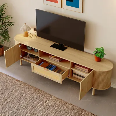 Obrázek produktu pro MODFU TV stolek s zásuvkami, nízká skříňka s kovovými nohami v dekoru dřeva, TV kuchyňská skříň s ratanem a zaoblenou deskou, televizní stolek s otevřenými policemi, multifunkční TV skříň