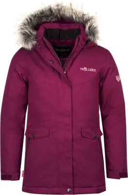 A pink winter jacket for children with a fur-lined hood.