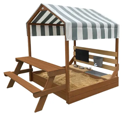 Produktbild von AXI Bo Sandkasten & Spielhaus aus Holz mit Spielküche, Dach und Picknicktisch - Braun | Sandkasten inklusive 6-teiligem Zubehörset | Mit Bodenplane |
