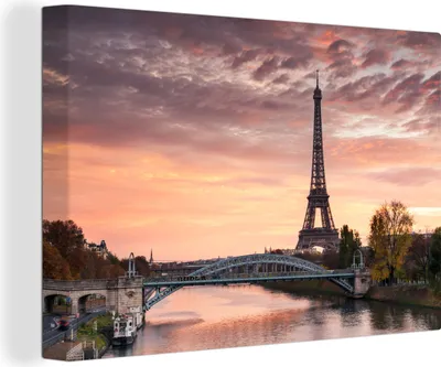 Produktbild von OneMillionCanvasses® - Leinwandbilder - 140x90 cm, Paris - Eiffelturm - Brücke, Wandbilder Kunstdruck Wanddekoration - Foto auf Leinwand - Gemälde auf Holzrahmen