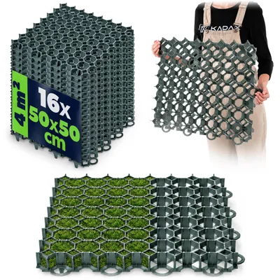 Immagine prodotto di Reti per prato in plastica KADAX, 50 x 50 cm, 4 m², griglie per prato, struttura a nido d'ape, piastre per paddock, piastrelle per prato (verdi, quadrate, 16 pezzi)