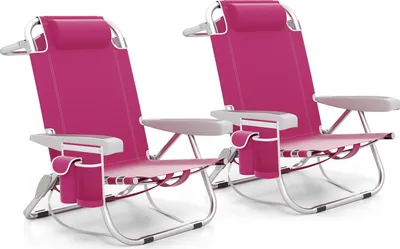 Image de COSTWAY 2 chaises de plage pliantes, chaises de camping avec dossier réglable appui-tête poches latérales bandoulières porte-serviettes accoudoirs rose