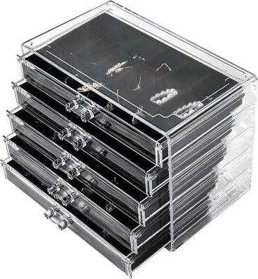 Imagen del producto de Caja organizadora de joyas Unyqoos® de acrílico: 5 cajones, interior forrado de terciopelo, compartimentos extraíbles, organizador transparente para pendientes y anillos, color