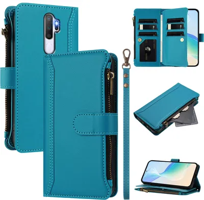 Image de Etui pour Oppo A9 2020/A11x, zippé, étui portefeuille en cuirPolyuréthaneavec poches pour cartes, support et dragonne Lake blue