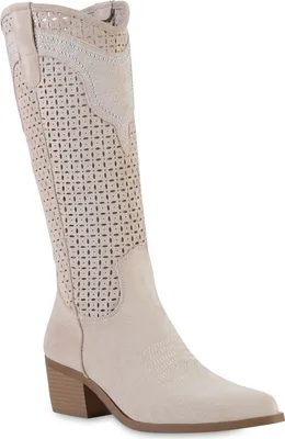 Produktbild von VAN HILL Damen Cowboystiefel Stiefel Spitze Cut-Outs Schuhe 841580, Farbe: Beige Velours, Größe: 39
