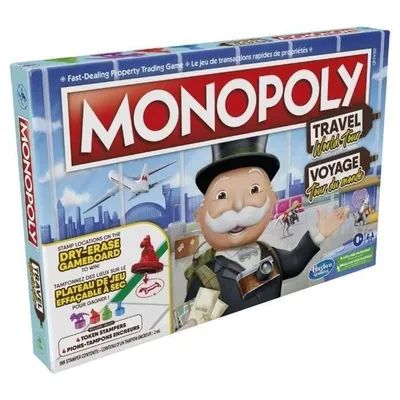 A Monopoly Travel World Tour board game box, shown at an angle.