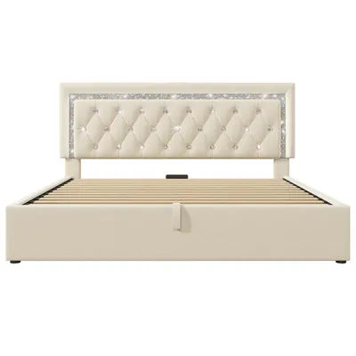 Produktbild von Flieks Polsterbett 160x200cm mit USB & Type C, Hydraulisches Bett mit Stauraum, Doppelbett Jugendbett mit LED, Stauraumbett Samt, Beige