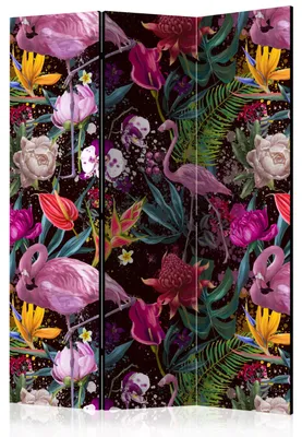 Obrázok produktu pre Jednostranný paravent, 3-dielny, skladací, s motívom flamingov a exotických kvetov, rozmer 135 cm x 172 cm