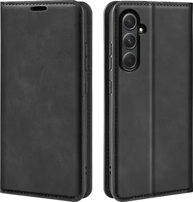A black flip case for a smartphone is shown from two angles.