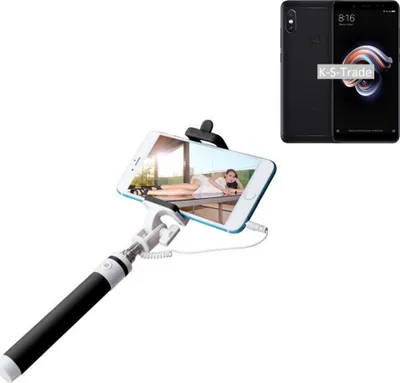 Produktbild von K-S-Trade Selfie Stick kompatibel mit Xiaomi Redmi Note 5 Selfiestick kabelgebunden Monopod mit Kabel Stab Stange Selfportrait Handheldstick schwarz