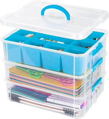 Immagine prodotto di Contenitori portaoggetti, a 3 scomparti, in plastica, con coperchio e cassetto, trasparenti, ideali per il fai-da-te
