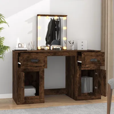 Produktbild von vidaXL Schminktisch mit LED-Leuchten Räuchereiche 130x50x132,5 cm