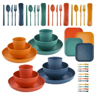 Image de Ensemble de 48 pièces de vaisselle de camping écologique pour 4 personnes