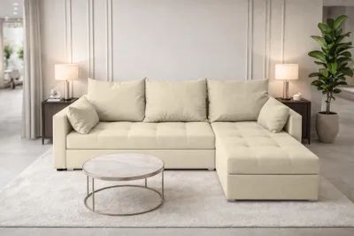 Produktbild von AX LIVING Ecksofa ELIF Creme mit Schlaffunktion L-Form, Sofa mit Bettkasten - Moderne Ecksofa, Wohnzimmer Ecksofa - Eckcouch Creme - Rechts