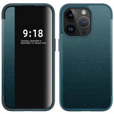Obrázek produktu pro Pouzdro pro iPhone 15 Pro tenkéPolyuretankožené klopové pouzdro s okénkem pro zobrazení zelené