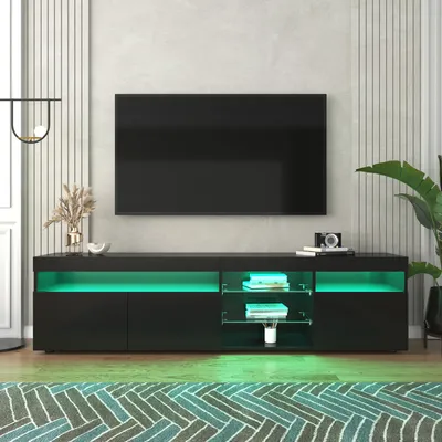 Produktbild von MODFU Lowboard TV-Schrank mit variable LED-Beleuchtung, Lange 180cm Fernsehtisch Wohnzimmerschränke TV-Möbel TV-Regal(inklusive offener Fächer)für Fernseher bis zu 80 Zoll für Wohnzimmer, Esszimmer und Schlafzimmer, Schwarz