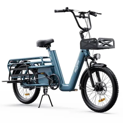 A studio shot of a blue electric bicycle against a white background.