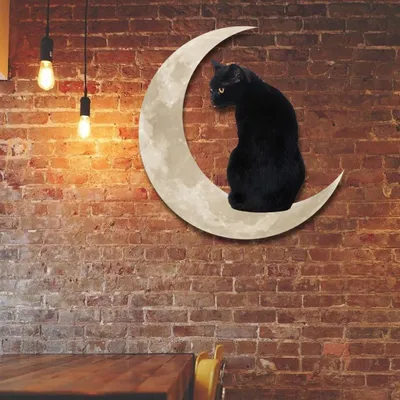 Zdjęcie produktu dla Metal Black Cat Moon Hanging Sign Cat On The Moon Wall Hanging Pendant Home Indoor Decor Gifts
