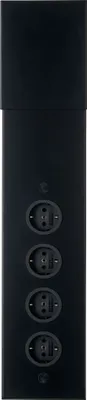 A black power strip with multiple outlets.