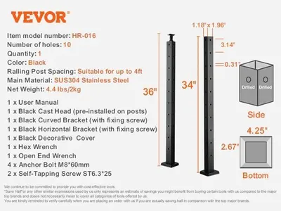 Obrázek produktu pro Sloupek kabelového zábradlí, otvory, nerezová ocel SUS304, černá, 1ksB914x25x5 L