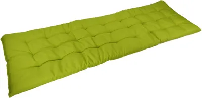 A long, tufted green cushion or bench pad is shown against a white background.