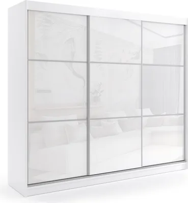 A white sliding door wardrobe with a reflective surface, showing a reflection of a living room with a sofa.