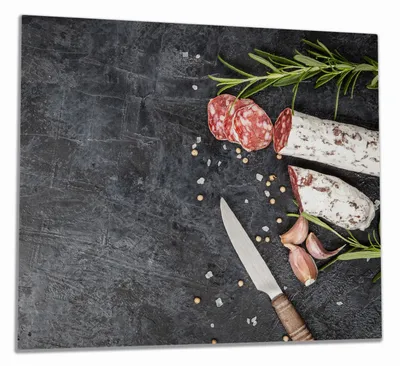 Produktbild von Wallario Herdabdeckplatte aus Glas, Größe 60 x 52 cm 1-teilig, Motiv Salami, Rosmarin und Knoblauch