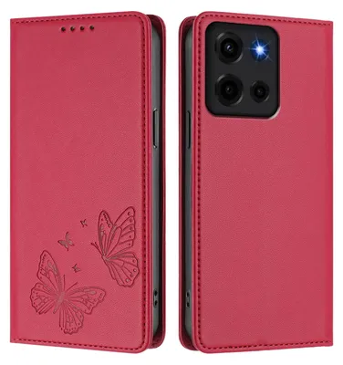 Produktbild von Lederhülle für Motorola Moto G 5G 2025, Schmetterling Prägung Leder Brieftasche Schutzhülle mit Ständer Rot