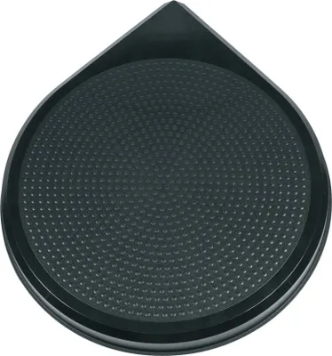 A black, round lid with a pointed handle is shown from a top-down perspective against a white background.