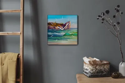 Produktbild von Coloray Hodiny Unikátní 30x30 cm  Tiché hodiny Pro obývací pokoj a kuchyň Nástěnné hodiny Plátno Bílé ručičky hodin - Vlny přírody pobřeží