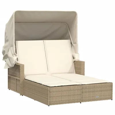 Produktbild von Doppel-Sonnenliege mit Dach und Auflagen Beige Poly Rattan
