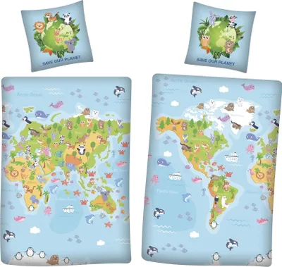 Produktbild von Save our Planet Weltkarte Wende Bettwäsche  80 x 80 cm + 135 x 200 cm 100% Baumwolle