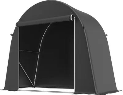 Produktbild von Tragbarer Gartenschuppen, Fahrradzelt, Rolltür mit Reißverschluss, Metallrahmen, vielseitige Aufbewahrung, Kunststoff-Abdeckung, Dunkelgrau