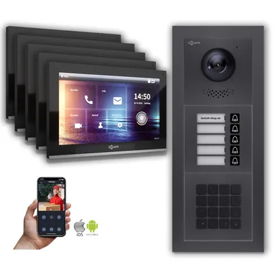 Produktbild von Goliath IP Video Türsprechanlage: 10-Zoll 5 Familienhaus, Zahlencode, Anthrazit  : 10 Zoll Schwarz : Unterputzdose Monitor Farbe: 10 Zoll Schwarz Montage: Unterputzdose