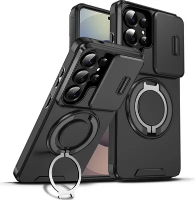 Obrázek produktu pro Dvouvrstvé pouzdro pro Samsung Galaxy S26 Ultra, s posuvným krytem fotoaparátu a magnetickým kroužkovým stojánkem Černý