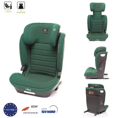 A collage of images showing a green child car seat from different angles, along with certification logos.