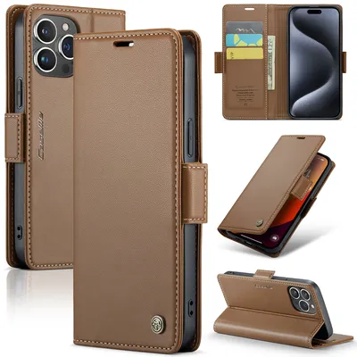 Obrázek produktu pro Pouzdro pro iPhone 15, RFID Blokování Karet, Pokročilé Flip Kožené Pouzdro s Funkcí Stojánku Hnědý