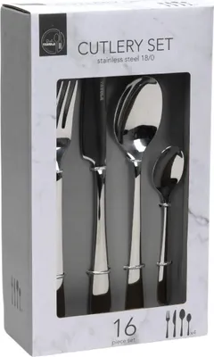 A product box for a cutlery set, showing the cutlery through a clear window.