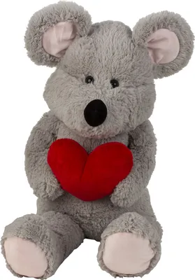 A plush toy mouse holding a red heart, sitting against a white background.