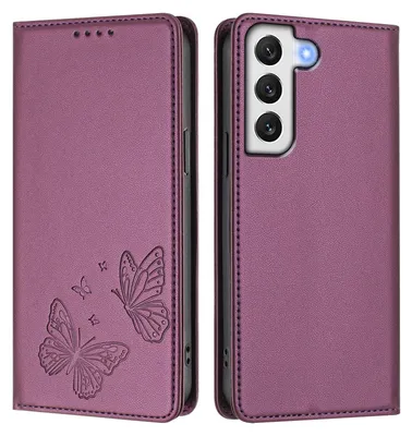 Obrázek produktu pro Kožené pouzdro pro Samsung Galaxy S22 5G, motýlí ražbou, peněženkové flip pouzdro se stojánkem Fialová
