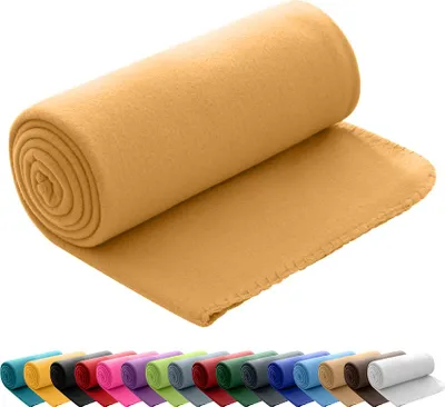 A rolled-up fleece blanket is shown against a white background. Below the main blanket, a row of similarly rolled blankets in various colors is visible.
