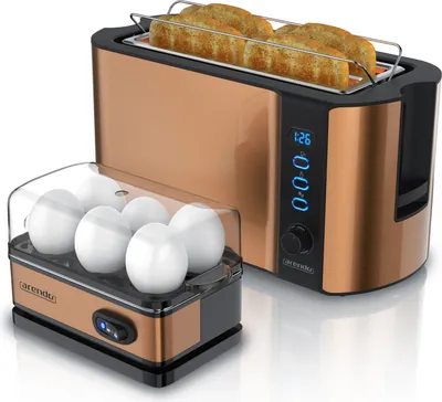 Produktbild von Arendo Frühstücks-Set 2-teilig, 4-Scheiben Langschlitztoaster, 6er Eierkocher, Kupfer