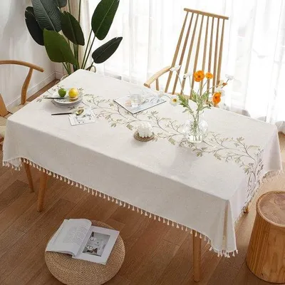 Produktbild von Famanu Tischdecke rechteckig Baumwolle-Leinen abwaschbar mit Quasten-Design - 140 x 300 cm