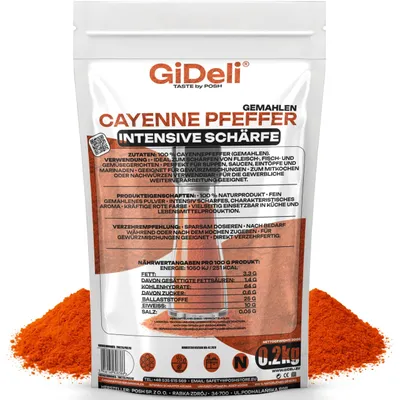 Obrázok produktu pre Kajenský peper 200g, mletá chilli paprika, pikantná, vhodná na mäso, ryby a do omáčok. GiDeli