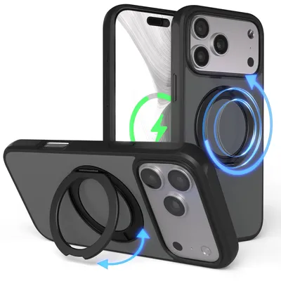 Produktbild von EAZY CASE - MagSafe Handyhülle für Apple iPhone 17 Pro Max, Ring zum Aufstellen, 360° drehbar, Magsafe Silikonhülle zum Aufstellen, stoßfest Cover in Schwarz